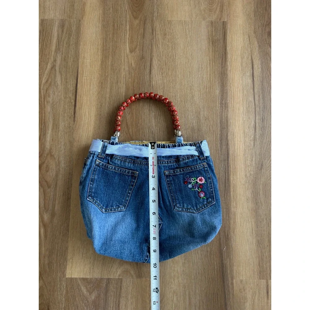 Vintage Denim jean Handbag‎ Handmade Y2K Embroidered Beaded top Handle Bag